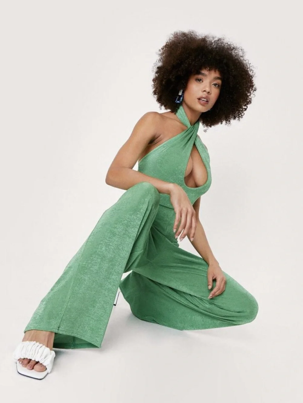 Nasty Gal Mint Green Crisscross Halter Velvet Jumpsuit - Picture 2 of 2
